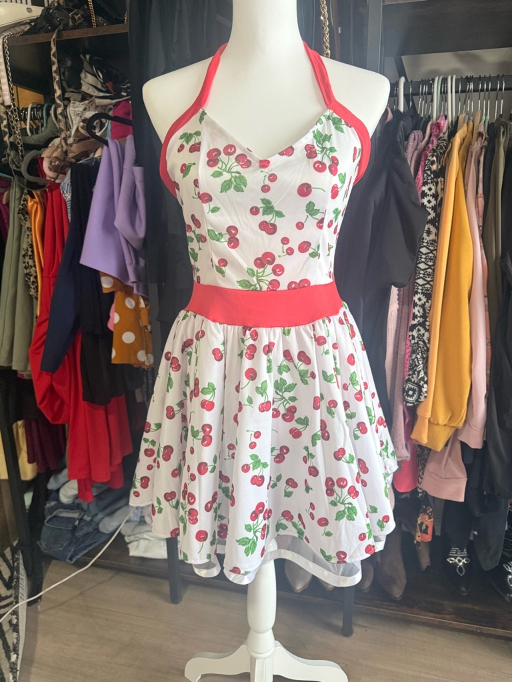 Cherry Print Halter Sundress with Red Trim
